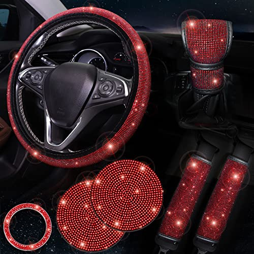 ToBeQueen Rotes glitzerndes Autozubehör-Set, 7 Stück, Kristall-Rhonstein-Lenkradbezug-Set für Damen, 38,1 cm, Sicherheitsgurtbezug, glitzernder Schalthebelbezug, Druckknopf, Bling Ring,