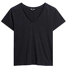 Superdry Damen Strukturiertes T-Shirt mit V-Ausschnitt und Stickerei Finster Marineblau 42