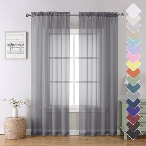 Lecloud Charcoal Grey Sheer Curtains 84 Inches Long 2 Panels, Voile Airy Light Filtering Curtains for Living Room Bedroom, Dual Rod Pocket Sheer Window Treatments Drapes, Each Panel 40 W x 84 L