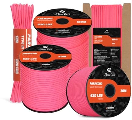 Abma Cord Paracord 620lbs 4mm 30M 100% Nylon Seil Typ 3 Schnur mit 9 Kern für Basteln, Camping, Survival, Outdoor - Max. 280kg - Neon Pink