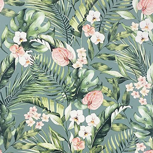 Tropical Floral Sea Blue Wallpaper - Flowers Leaves Blush Pink Green Modern Contemporary Naturistic Botanical