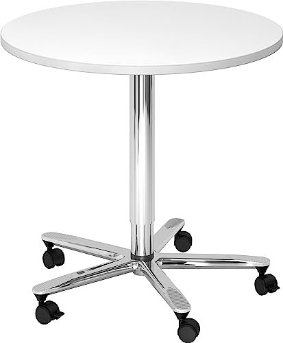 bümö Säulenhubtisch höhenverstellbar, Stehtisch Büro, Bistrotisch rund 80 x 80 cm - Besprechungstisch weiß, Stehtisch Holz-Platte, Säule aus Metall verchromt, Säulentisch, Hochtisch