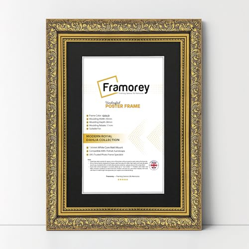 FRAMOREY Dahlia Ornate Effect Picture Frames, 21x16 Size Gold Photo Frame With 17x12 Size Black Mount, Traditional Wall Art Poster Frames, Photo Print Frame