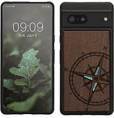 kwmobile Carcasa Compatible con Google Pixel 7 Funda - Funda de Madera de Nogal con Bumper antigolpes - Compás Vintage con nacár