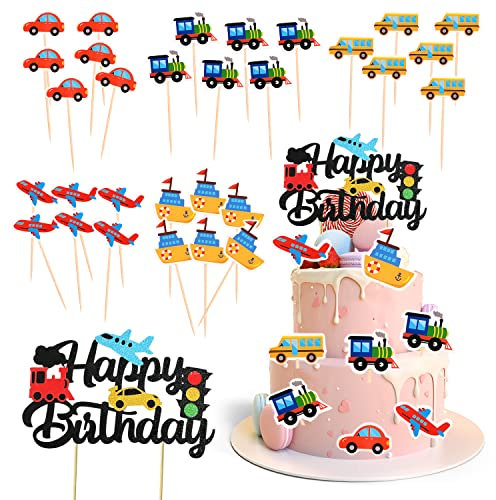 30 Stück Transportkuchen-PlugIns, Mit 1 Happy birthday Plug-in, Transport-Themen-Plug-in-Set, Party creative Dekorationsbedarf, geeignet für Kindergeburtstage, Mottopartys