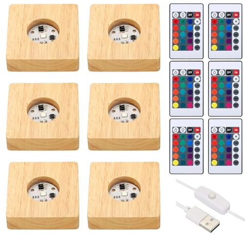 PATIKIL 6 Pcs Wooden Light Stand Base 2.8, 16 Colors LED Lights Display Base 1.5Meter Line Length with Remote Control for Acrylic Night Light 3D Crystal Glass Resin Art, Square