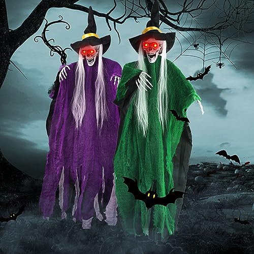 FORMIZON Halloween Hängende Sensenmänner 2 Stück, Halloween Grim Reaper Dekoration, Horror Hängende Geister Deko mit LED Augen und Gruseligen Geräuschen, Halloween Skelett Deko für Outdoor (grün lila)