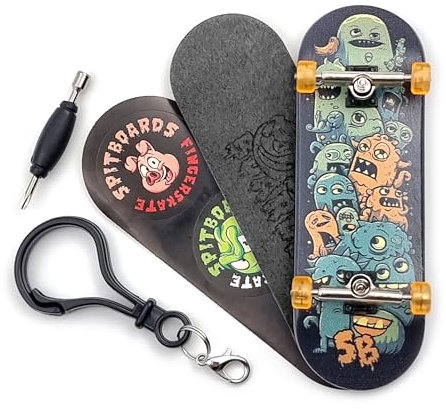 SPITBOARDS 32 * 96 mm Fingerboard Complete Wood Set-Up Assembled, 5-Layers, Silver Trucks with Bushings and Nuts, CNC Bearing Wheels in Transparent Orange, Lasered Foam Grip Tape Cute Monsters