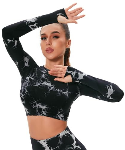 Yaavii Bauchfreies Oberteil Damen Langarm Sport Gym T-Shirts Tie-Dye Crop Top Schwarz L