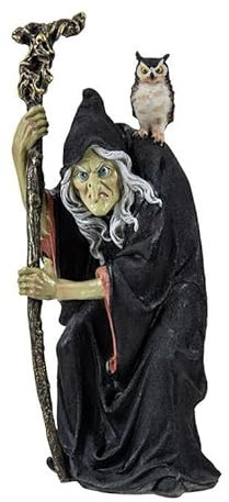 Figura de una Bruja con Baston y Lechuza de Resina Pintado a Mano 10x8x30 cm