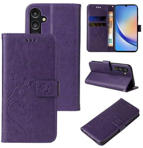 LBH Handy Hülle für Samsung Galaxy A15 / A15 5G Case Handytasche Schmetterling Blumen Flower Standfunktion Schutzhülle Magnet Rundum Schutz 360 Grad Flipcase Cover Violett