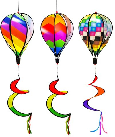 LUKDUNG 3 x 130 cm Hot Air Balloon Wind Spinner Rainbow Garden Pinwheels Swirl Wind Spinner Windmill Striped Rainbow Windsock Rotating Sequins Twister Hanging Yard Decoration