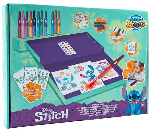 Disney Lilo & Stitch - Spray Pen Set Desktop Box (ST23368) - Kit de Stylos Pulvérisateurs pour Colorier et Dessiner - 12 Stylos et 16 Pochoirs pour Créer des Couleurs et des Dessins Uniques