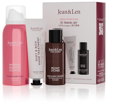 Jean & Len Travel Set Pfingstrose & Litschi, ideales kleines Geschenk oder Mitbringsel, Produkte für Körper und Geist, Verpackung ist FSC zertifiziert, kleine Reisegrößen, veganes Geschenkset