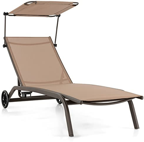 GYMAX Lettino, Sedia a Sdraio con Schienale Regolabile e Protezione Solare, Lettino da Giardino con Ruote e Portabicchieri, in Tessuto Traspirante, Piscina, Terrazza e Spiaggia (Marrone)