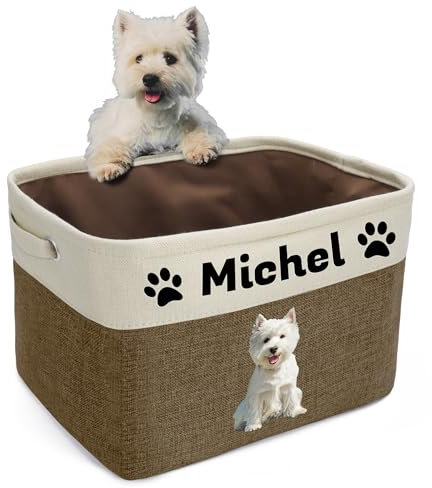 kodinsiivous Personalised Dog Toy Basket with Pet's Name, Custom Dog Toy Bin, Sturdy Foldable Collapsible Storage Box, Dog Toy Box with Handles for Dog Toys, Dog Clothing, Apparel, Accessories(Brown)