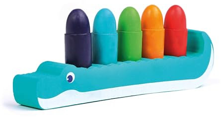 LUDI – Lápices para el baño – para Dibujar en Las Paredes – Borraables, sólidos, Resistentes al Agua – a Partir de 10 Meses – Destreza, Motricidad Fina, imaginación – 5 lápices y Soporte de cocodrilo