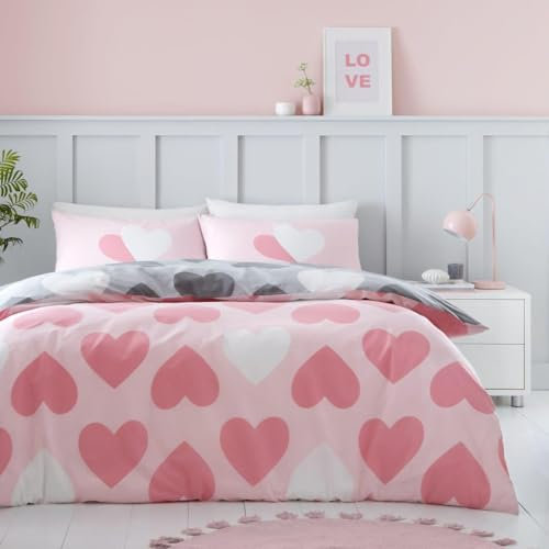 GC GAVENO CAVAILIA Parure de lit Simple (150 x 200 cm) | Parure de lit réversible en Polycoton | Housse de Couette à cœurs | Rose/Anthracite