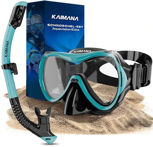 KAIMANA® Schnorchelset für Erwachsene aus gehärtetem Sicherheitsglas (Taucherbrille & trocken-Schnorchel), Bequeme Taucherbrille Erwachsene mit Silikon oder Stoffband inkl. Tragetasche