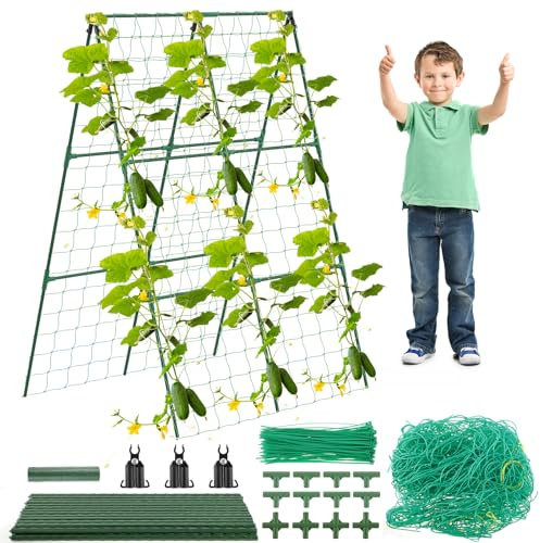 Cucumber Trellis A Frame,Garden Vegetable Support Trellis with Climbing Net Rustproof,Climbing Grow Support Stand Trellis Runner Bean Sweet Bean Support Frame Peas Tomatoes Grapes Zucchini