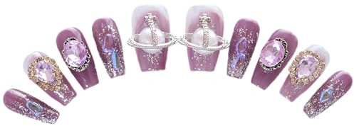 PN-018 Press-On Nails Varnished 10 Pieces Reusable False Nails Y2K Glamour Pearls Crystal Rhinestones Pink