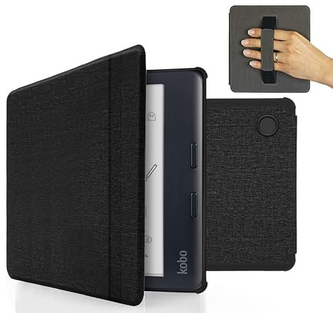 MyGadget Housse pour Kobo Libra Colour 2024 | Libra 2 2021 - Etui Nylon Poignée élastique - Flip Case Tissu - Cover Noir