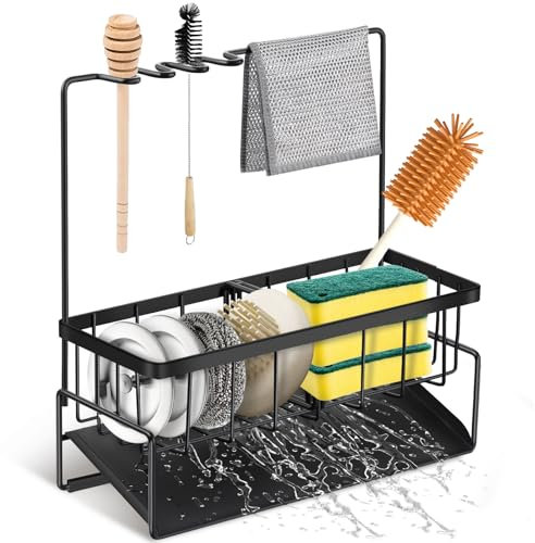 Gitohoni Fregadero Caddy Organizador de Fregadero de Cocina - Esponja Titular con Bandeja de Drenaje automático Tomar Divisor de Acero al Carbono de Cocina del Fregadero Caddy Organizador