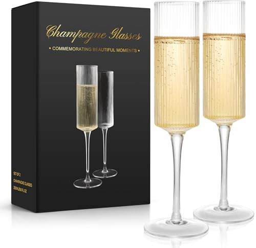 Qulable Champagne Flutes Set of 2 - Elegant Champagne Glasses for Champagne, Prosecco, Wedding Gift, Engagement Gifts for Women, 250ml Vertical Stripe Glasses for Anniversary, Christmas (2, Pinstripe)