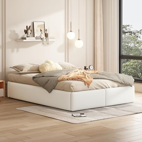 SOFTWEARY Futonbett mit Bettkasten, Lattenrost und Schubladen, Doppelbett ohne Kopfteil, Bezug aus Leinen, Jugendbett (weiß, 140x200 cm)