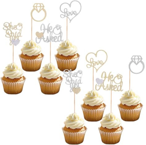 hoyuwak 48 PCS He Asked She Said Yes Cupcake Toppers Gold Silver Heart Ring Wedding Cupcake Toppers for Engagement Bridal Shower Party Decoration