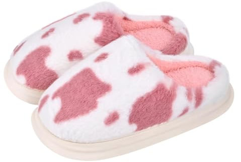 SincereWay Damen Kuhfell-Print Hausschuhe Mit Kunstfellfutter Rutschfest
