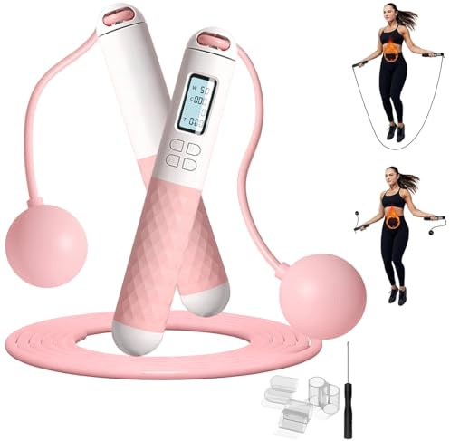 Cordless Skipping Ropes for Adults, Ropeless Skipping Rope with Counter,Smart Digital Gravity Ball Jump Rope with Extra Rope, Silicone Non-slip Handle Design (Pink)