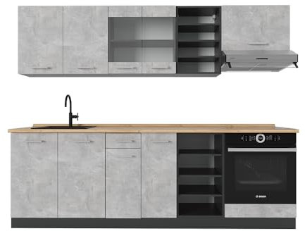 Vicco Küchenzeile R-Line, Küchenblock, Beton/Anthrazit, 240 cm ohne Arbeitsplatte