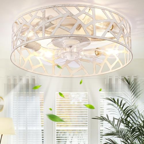 Wheatronic - 20 inch caged ceiling fans with lights and remote, flush mount ceiling fan, classic white, profile bladeless ceiling fans