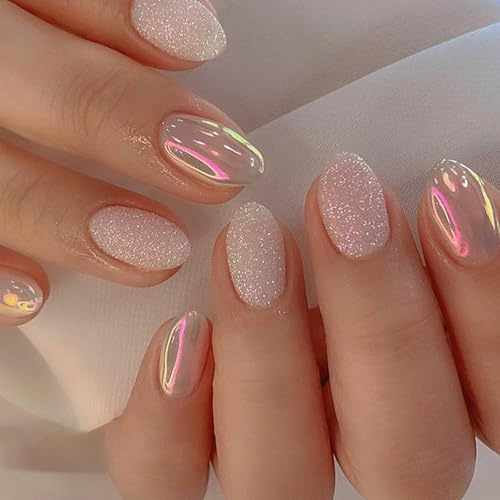 24 Pcs Aurora-Glitter Press-On Nails – Short Almond French-Tip False Nails, Glossy Full-Cover Oval, Reusable Acrylic, Stickers & File Included, DIY Manicure Set