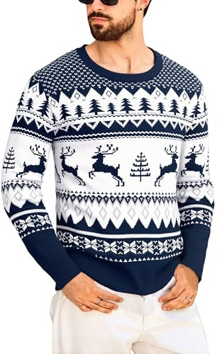 Marvmys Jersey de Navidad Hombre Suéter Navideño Invierno Manga Larga con Copos de Nieve y Reno Cuello Redondo Punto Jersey de Punto L-XXL