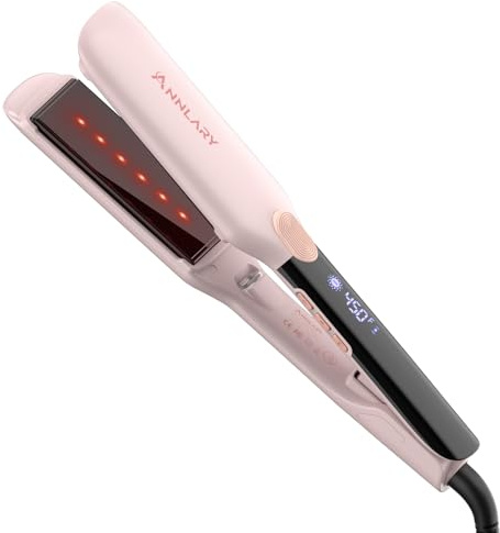 ANNLARY Plancha plana de 1.75 pulgadas con tecnología infrarroja e iónica, placa de titanio con revestimiento de cerámica, alisador de doble voltaje con silicona resistente al calor para todo tipo de