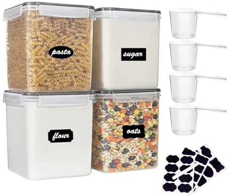 GUZHAIREN 2.5L Flour Storage Containers, Food Storage Containers with Lids | Set of 4 Plastic Airtight Large Clip-Lock Kitchen Storage Containers for Cereal, Rice, Pasta, Sugar, BPA-Free Pantry Storage