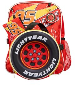 Disney Cars 4-teiliges Jungen-Rucksack-Set – Lightning McQueen Kinder-Schultasche mit Lunchtasche, Federmäppchen und Schlüsselanhänger.