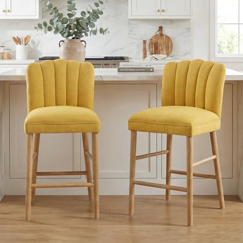 chairus Barhocker 2er Set Holz, Modern Barstuhl mit Lehne Leinen Gelb | Modern Küchenhocker Bar Stool Gepolstert, Thekenhocker mit Fußstütze für Küche Hausbar Esszimmer