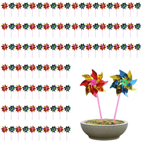 100 molinetes para niños DIY Molinillo de Viento arcoíris para decoración de Fiesta de césped y jardín de Juguete, 14, 17x6, 69 Pulgadas