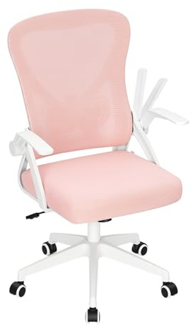 WOLTU Bürostuhl, Schreibtischstuhl mit hochklappbare Armlehnen, Rosa | 360° drehbar und höhenverstellbar, mit Lendenwirbelstütze, 90 bis 105° Wippfunktion, 150 kg, mit Atmungsaktiv Netzstoff