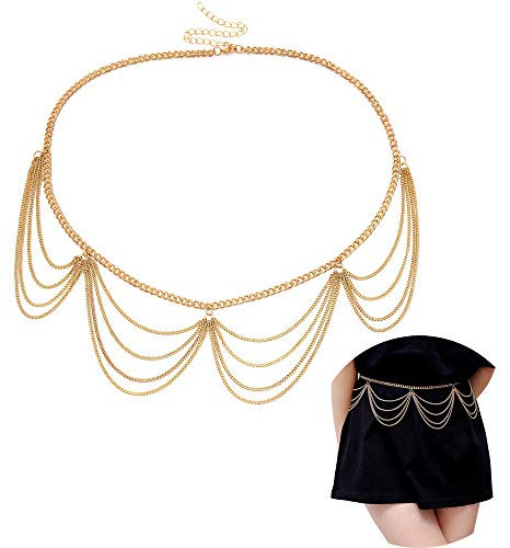 Juland Multilayer Alloy Waist Chain Body Chain for Women Waist Belt Pendant Belly Chain Adjustable Body Harness for Jeans Dresses – Gold 0401