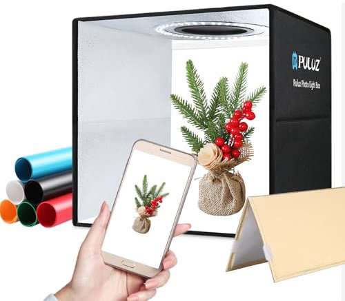 30cm Fotobox, PULUZ Mini-Produktfotografie Lichtbox, Tragbare Kleine Fotostudio Lichtzelt Set, CRI 97 Dimmbare LED-Licht mit Doppelseitiger Reflektorplatte & 6 PVC-Hintergrund