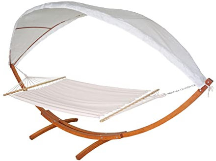 Hängematte HWC-J47, Hängeschaukel bis 200kg Sonnendach MVG-Holzgestell 420cm 2 Personen - braun, Creme-weiß