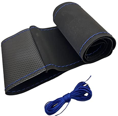 LB105 - Lenkradbezug 37-39 cm zum Schnüren Schwarz Alcantara mit Blaue Naht