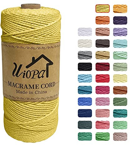 Uiopa Corda macramè 2 mmx200 m, corda in cotone naturale intrecciata a 3 fili, corda colorata per appendere piante da parete, artigianato Boho progetti di decorazione per la casa (giallo limone)