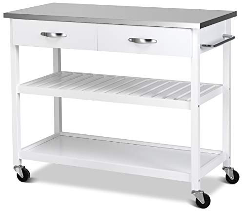 COSTWAY Kitchen Storage Trolley, Mobile Serving Cart with Stainless Steel Flip Worktop and Tower Bar, Portable Storage Island on Wheels for Home Restaurant (without Flip Top, White, 116x53x93cm)