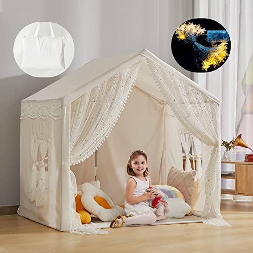 LOAOL Kids Play Tent with Lights, Large Indoor Kids Playhouse, Girls Play Tent Decorated Sequin Sparkle Stars, Den for Kids with Front & Rear Doors, Children Boho Decor