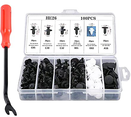 Dewkou 100 Stück Auto-Stoßstangen-Halterungs-Clips, 6,3 mm, 8 mm, 9 mm, 10 mm, Nylon-Befestigungselemente, Nieten-Ersatz-Set, Push-in-Schraube, Stoßstangen-Klemme mit Entfernungswerkzeug, geeignet für